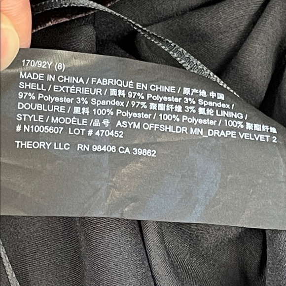 New Theory Asymmetrical Mini Dress in Stretch Velvet Black Off Shoulder Drape 8 - Picture 11 of 12